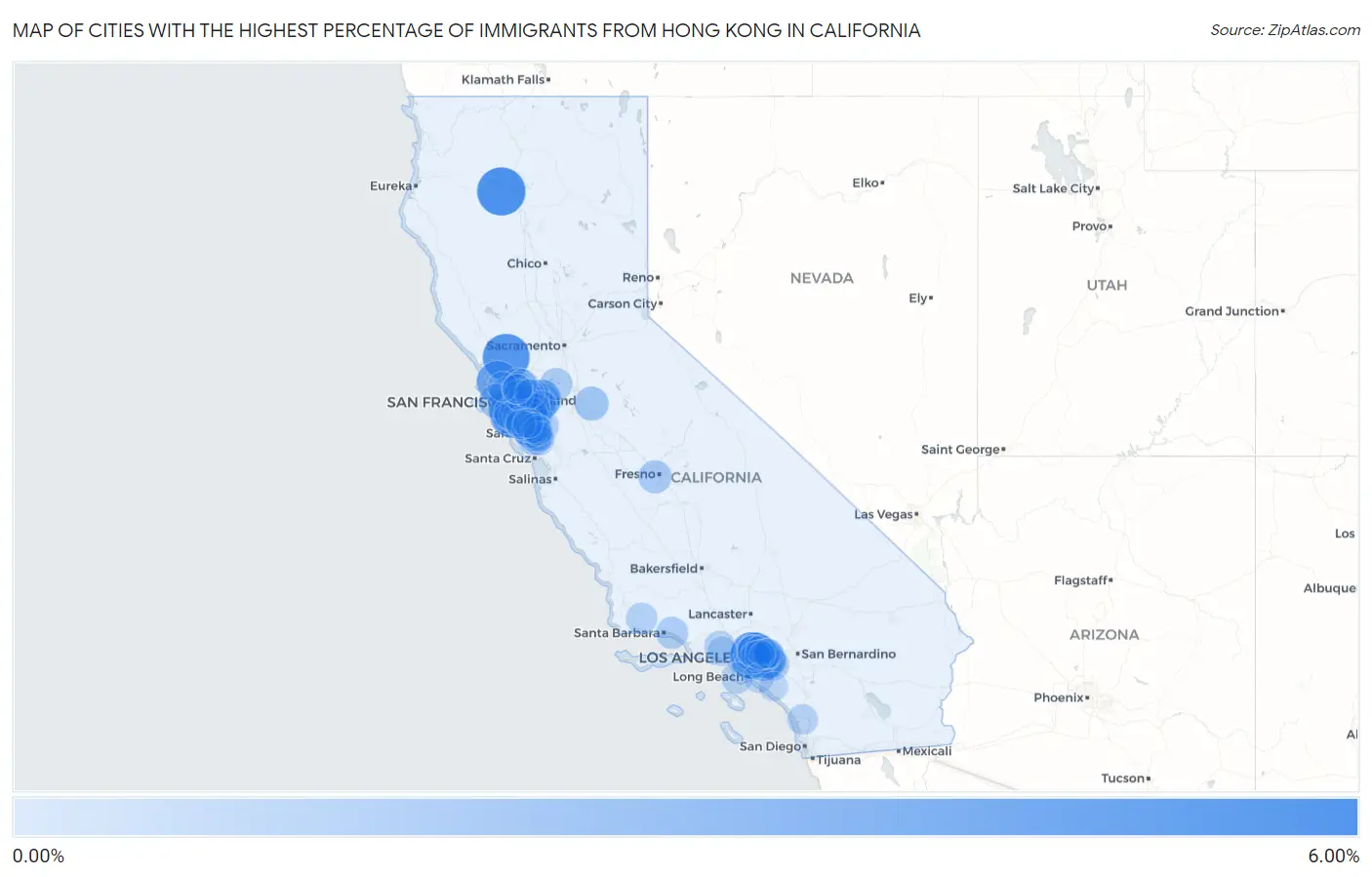 Cities with the Highest Percentage of Immigrants from Hong Kong in California Map