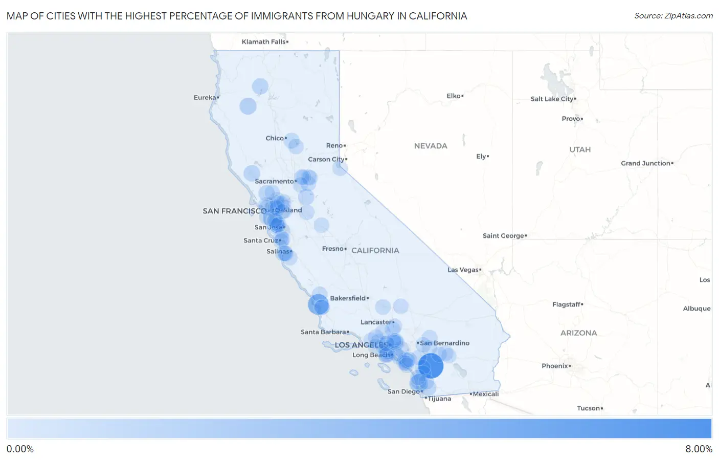 Cities with the Highest Percentage of Immigrants from Hungary in California Map