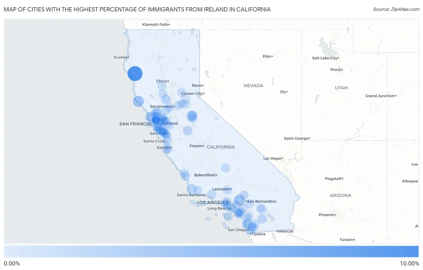Cities with the Highest Percentage of Immigrants from Ireland in California Map