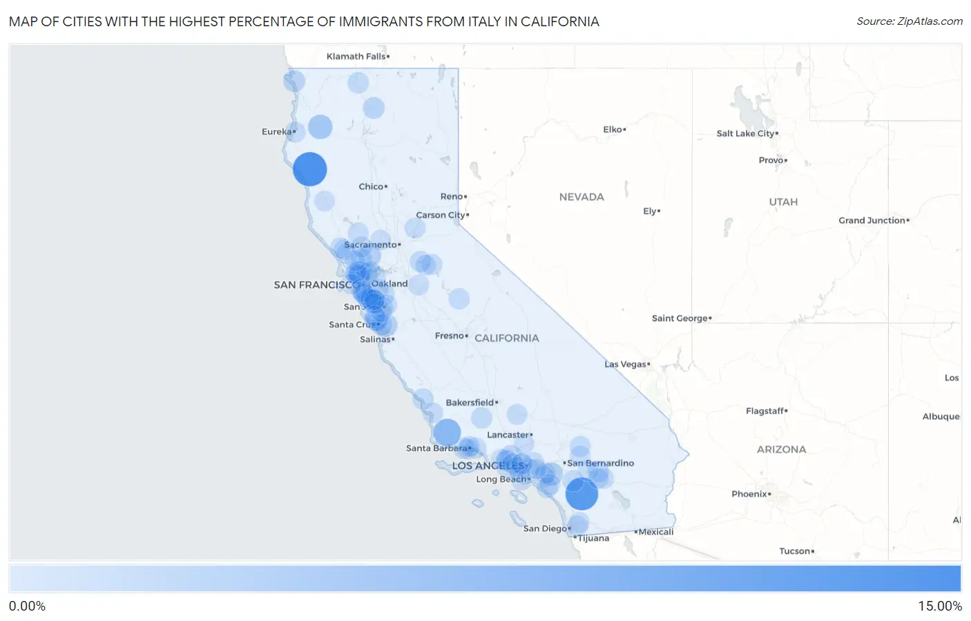 Cities with the Highest Percentage of Immigrants from Italy in California Map