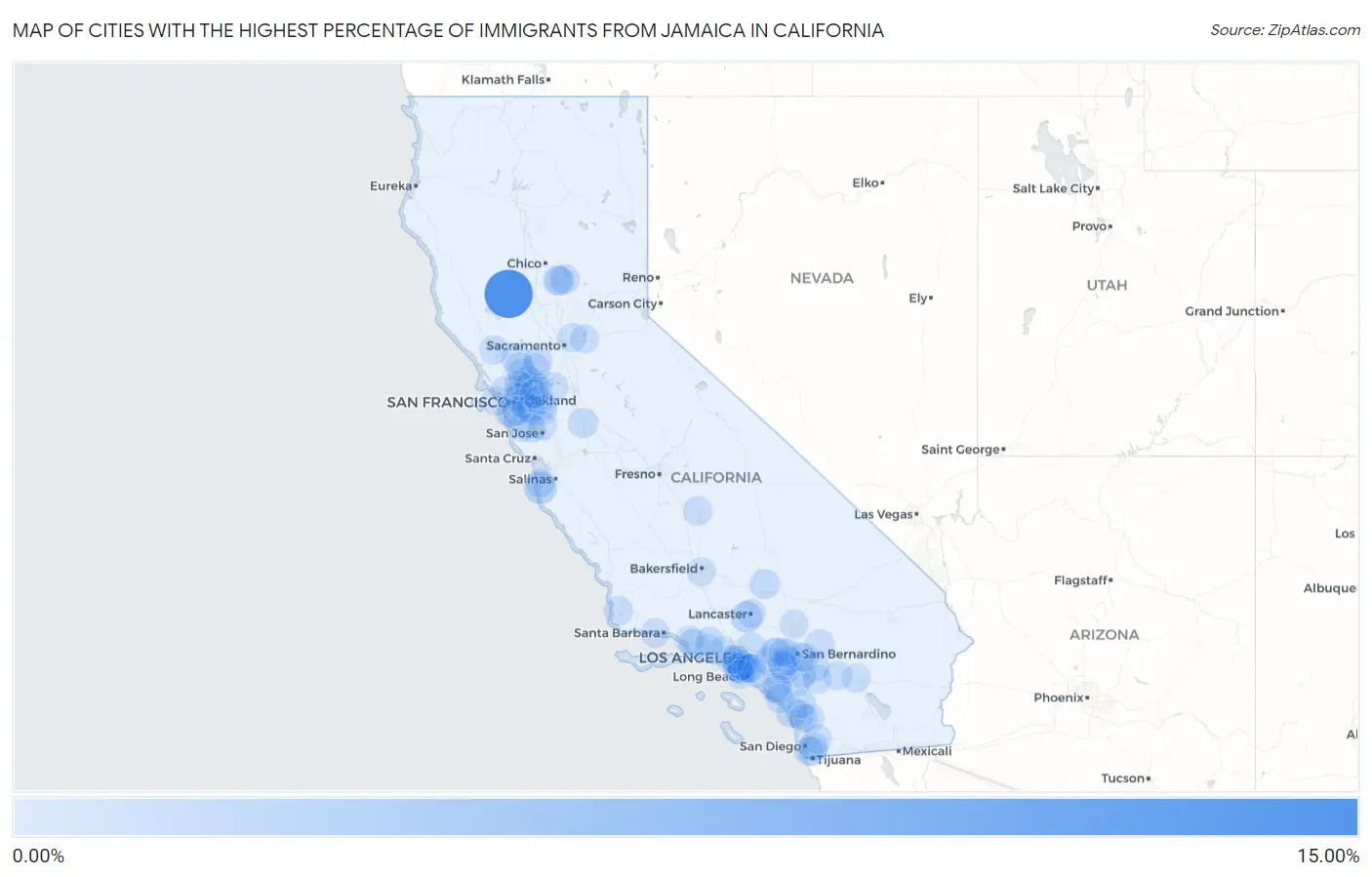 Cities with the Highest Percentage of Immigrants from Jamaica in California Map