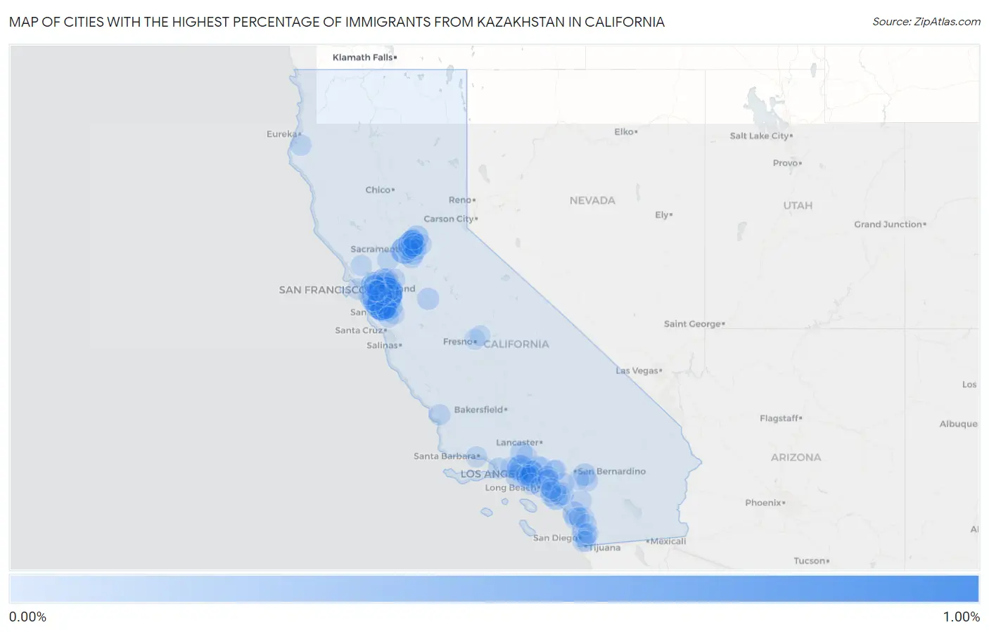 Cities with the Highest Percentage of Immigrants from Kazakhstan in California Map