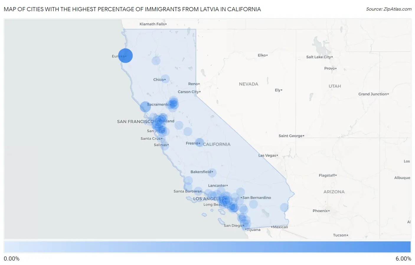 Cities with the Highest Percentage of Immigrants from Latvia in California Map