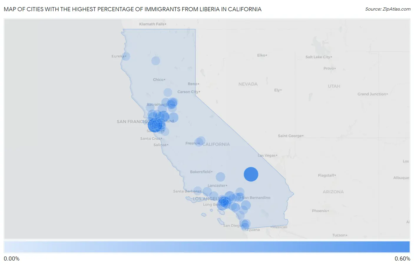 Cities with the Highest Percentage of Immigrants from Liberia in California Map