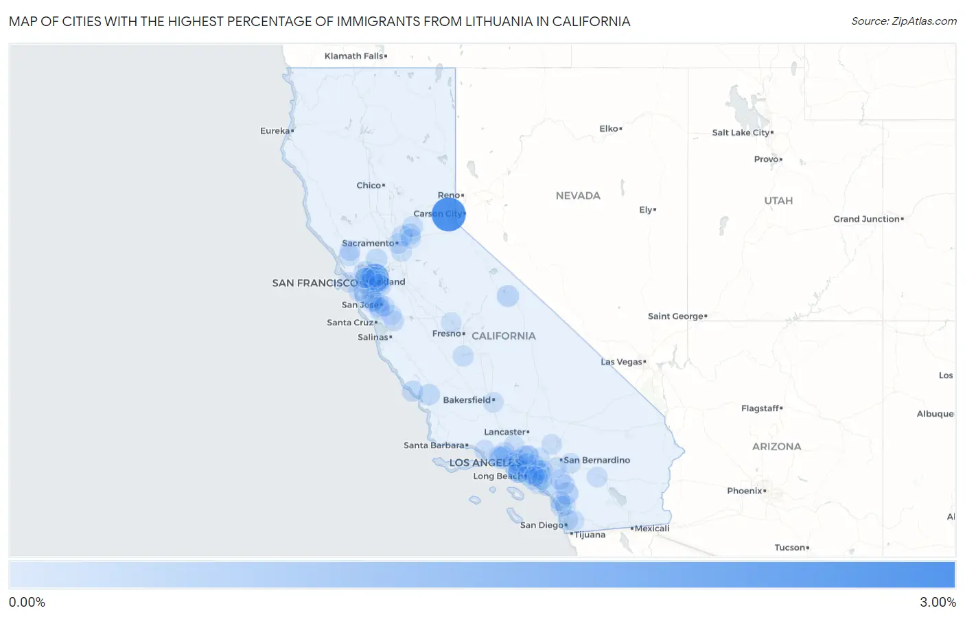 Cities with the Highest Percentage of Immigrants from Lithuania in California Map