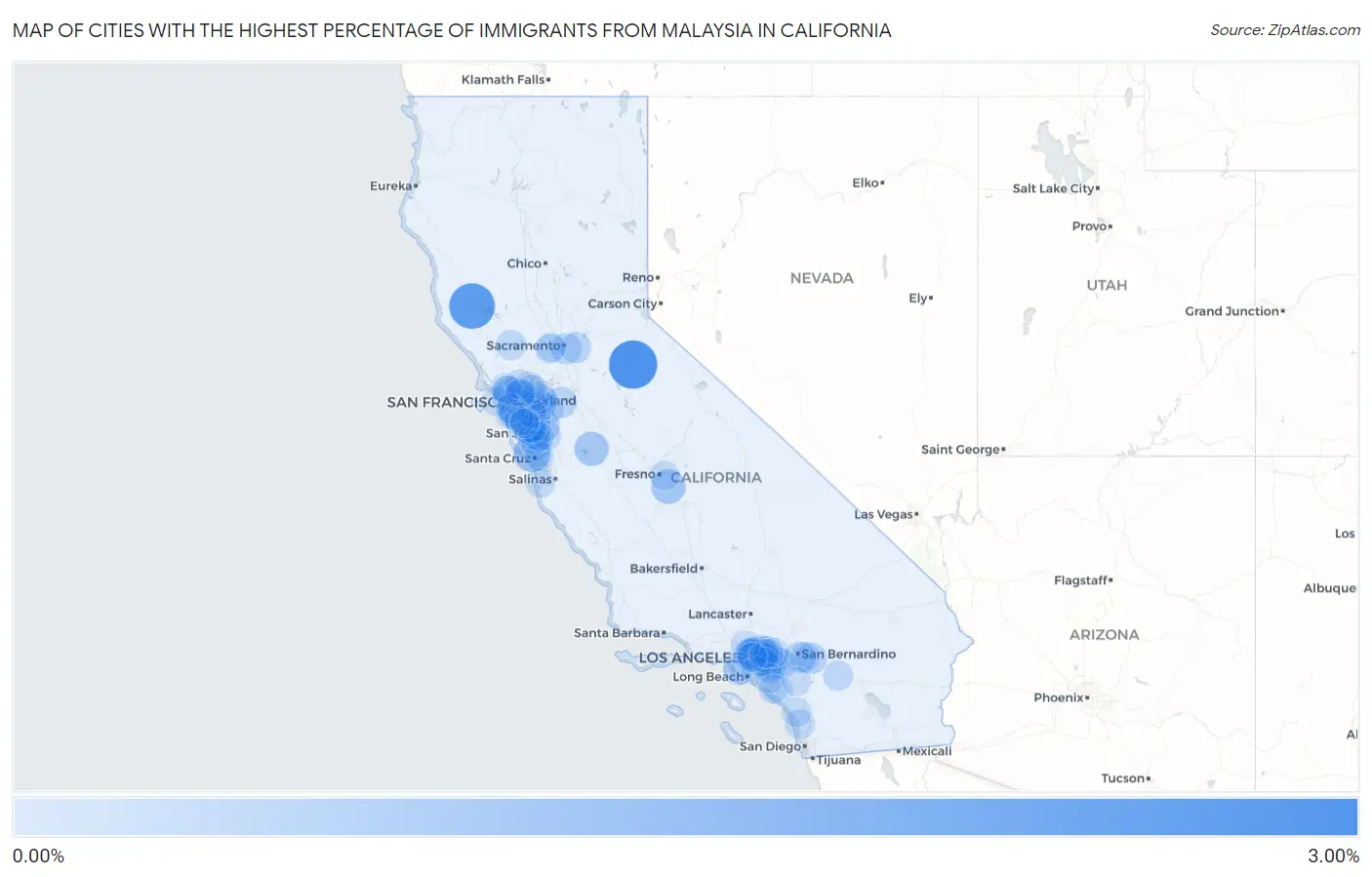Cities with the Highest Percentage of Immigrants from Malaysia in California Map