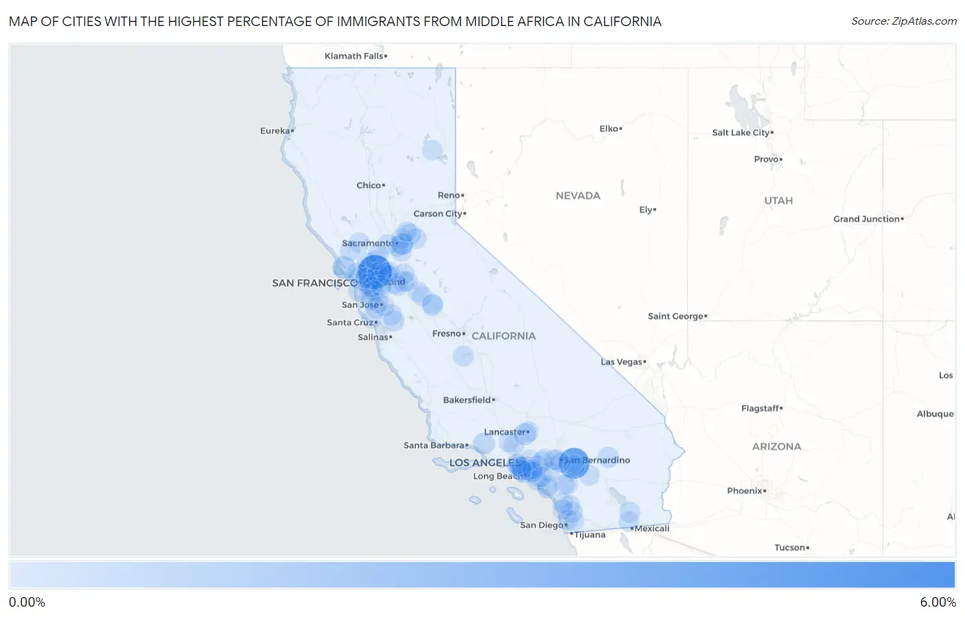 Cities with the Highest Percentage of Immigrants from Middle Africa in California Map