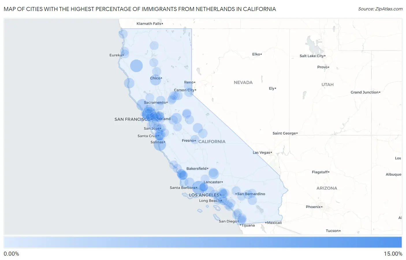 Cities with the Highest Percentage of Immigrants from Netherlands in California Map