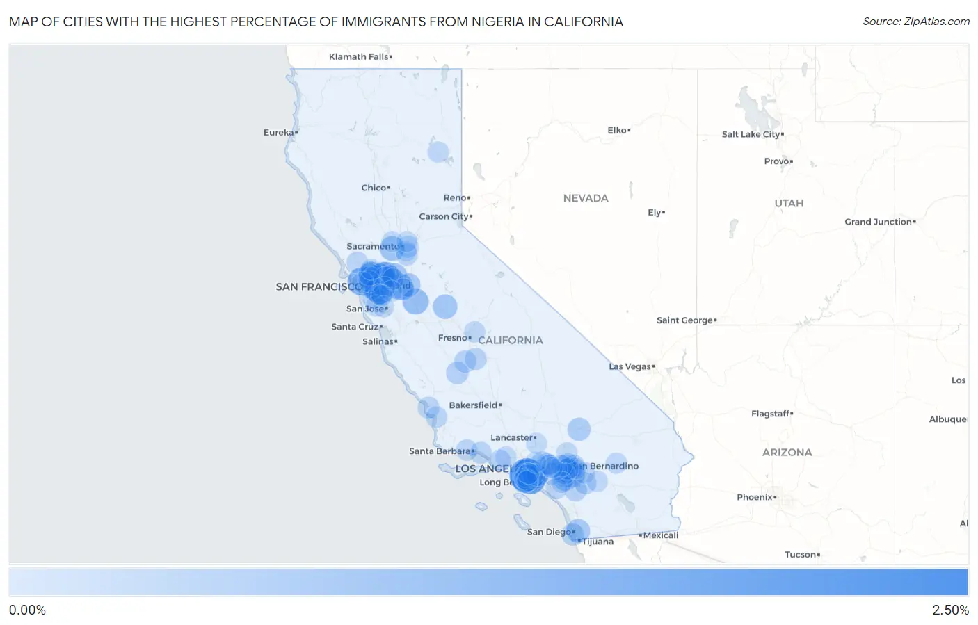 Cities with the Highest Percentage of Immigrants from Nigeria in California Map