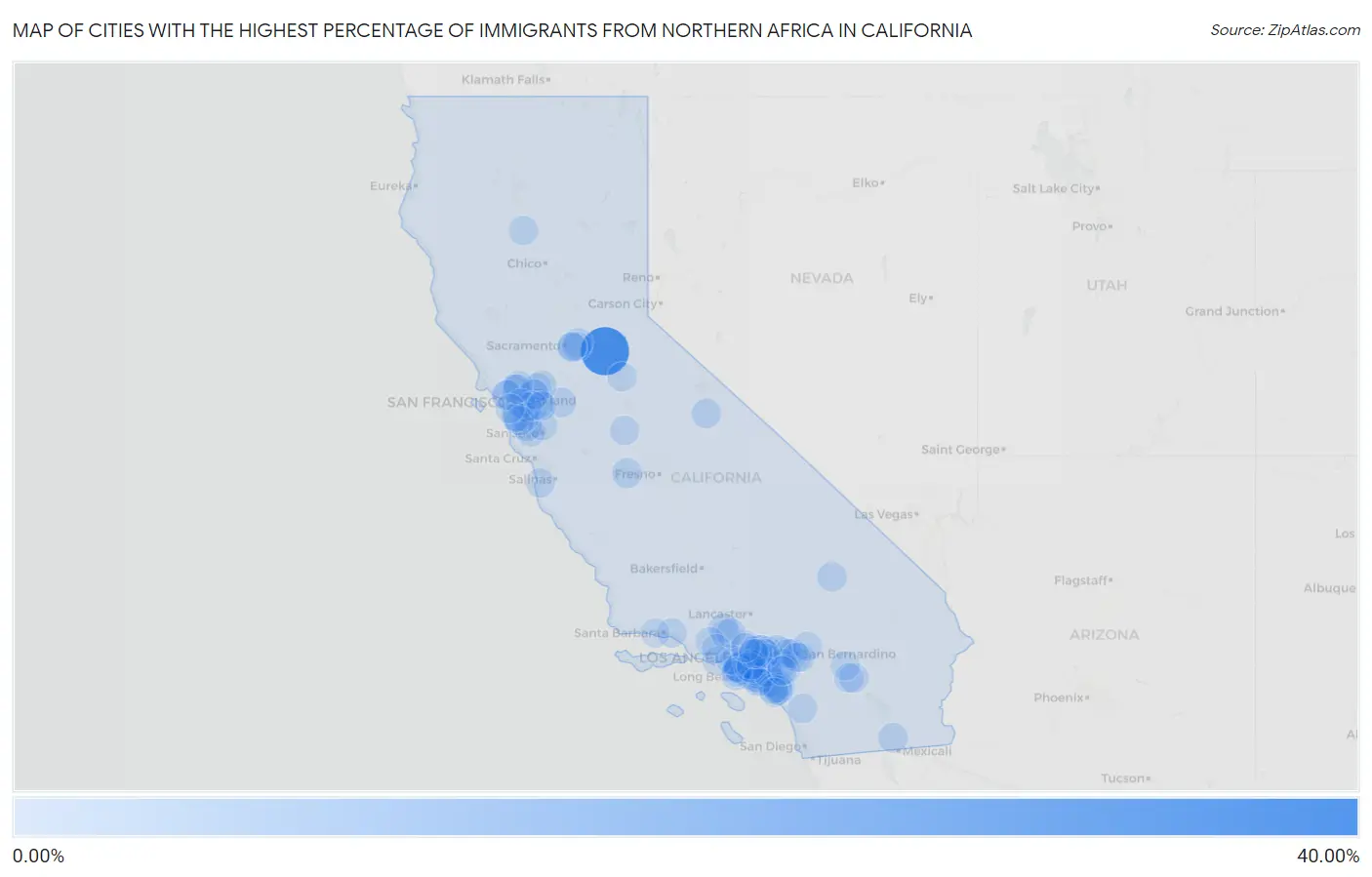 Cities with the Highest Percentage of Immigrants from Northern Africa in California Map