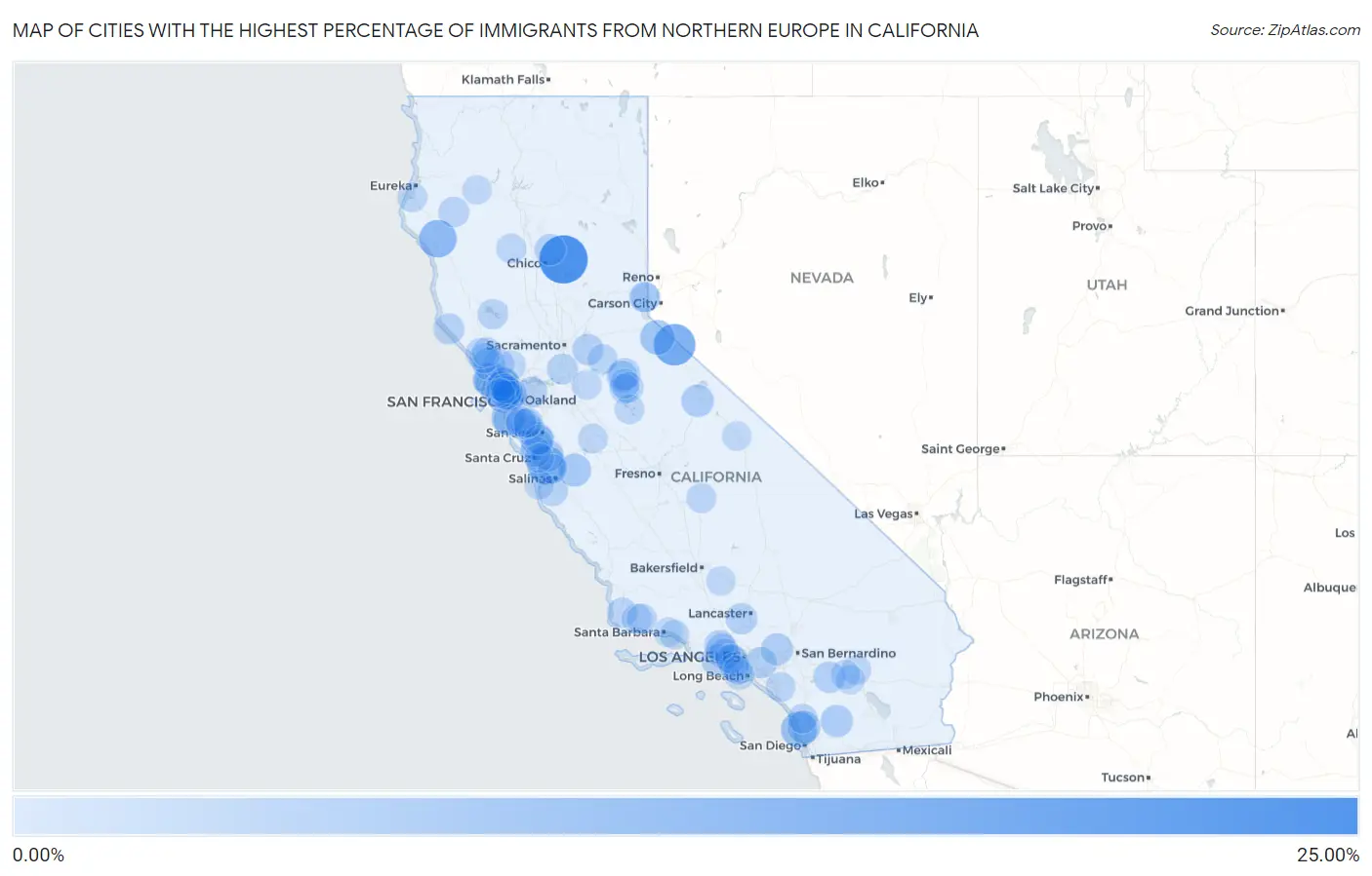 Cities with the Highest Percentage of Immigrants from Northern Europe in California Map