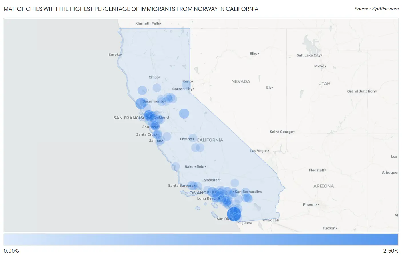 Cities with the Highest Percentage of Immigrants from Norway in California Map