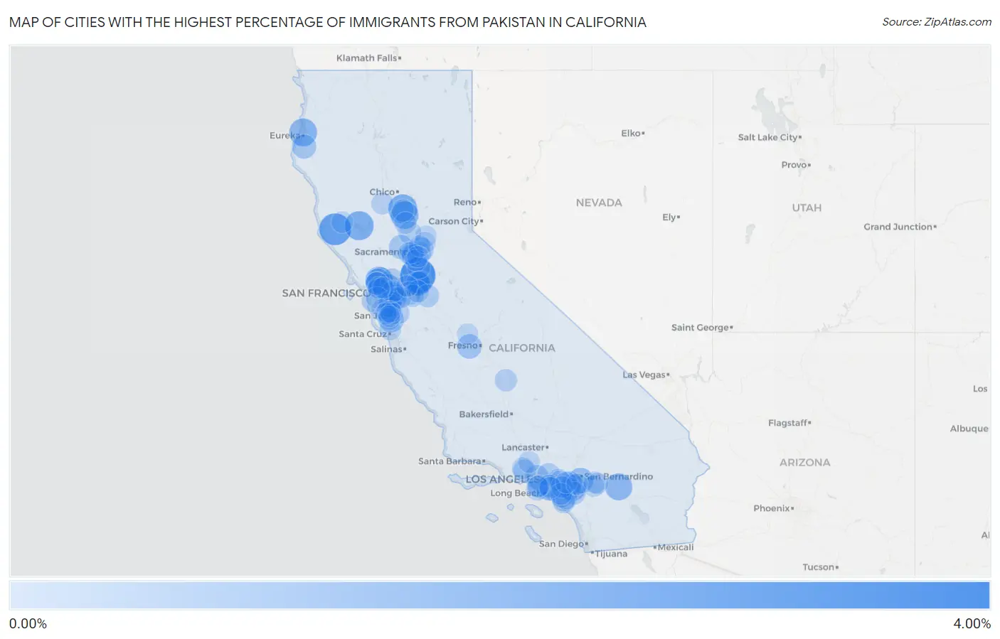 Cities with the Highest Percentage of Immigrants from Pakistan in California Map