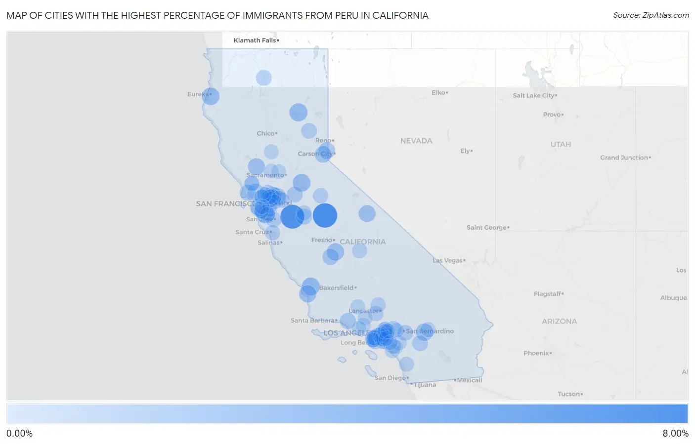 Cities with the Highest Percentage of Immigrants from Peru in California Map