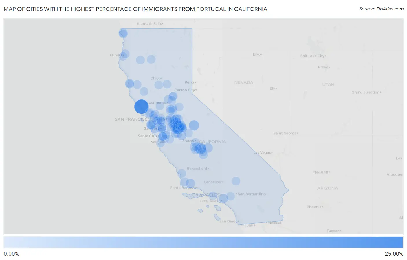 Cities with the Highest Percentage of Immigrants from Portugal in California Map