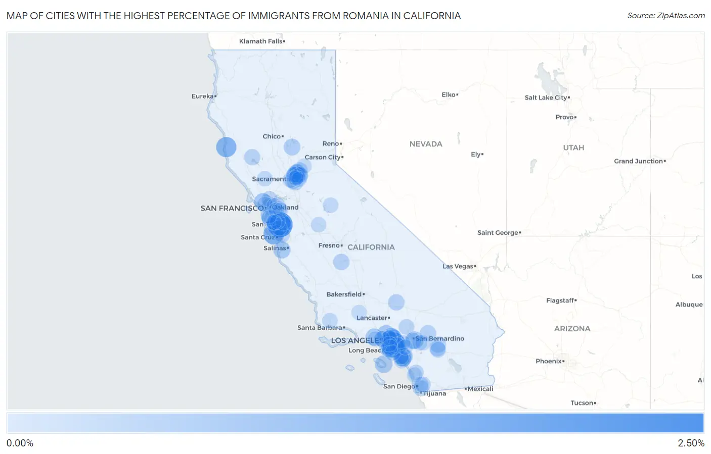 Cities with the Highest Percentage of Immigrants from Romania in California Map
