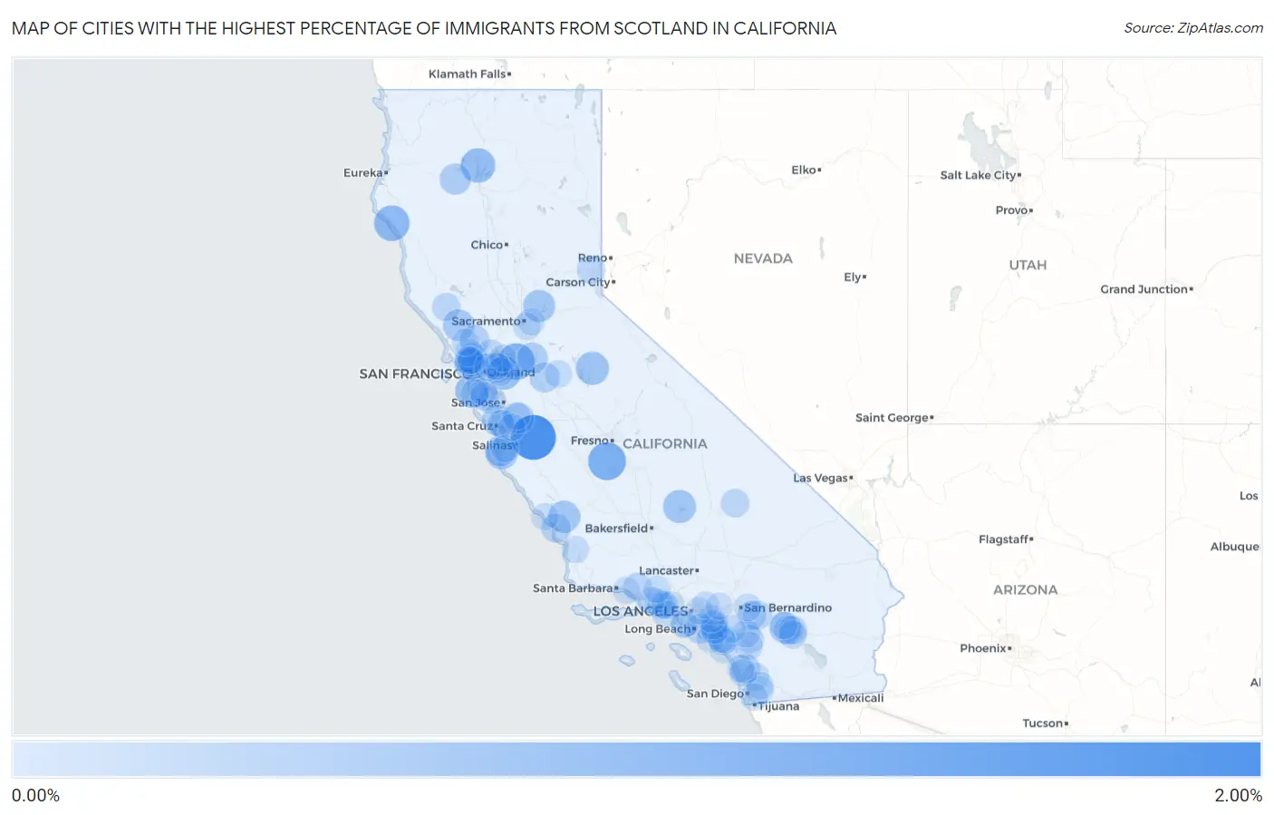 Cities with the Highest Percentage of Immigrants from Scotland in California Map
