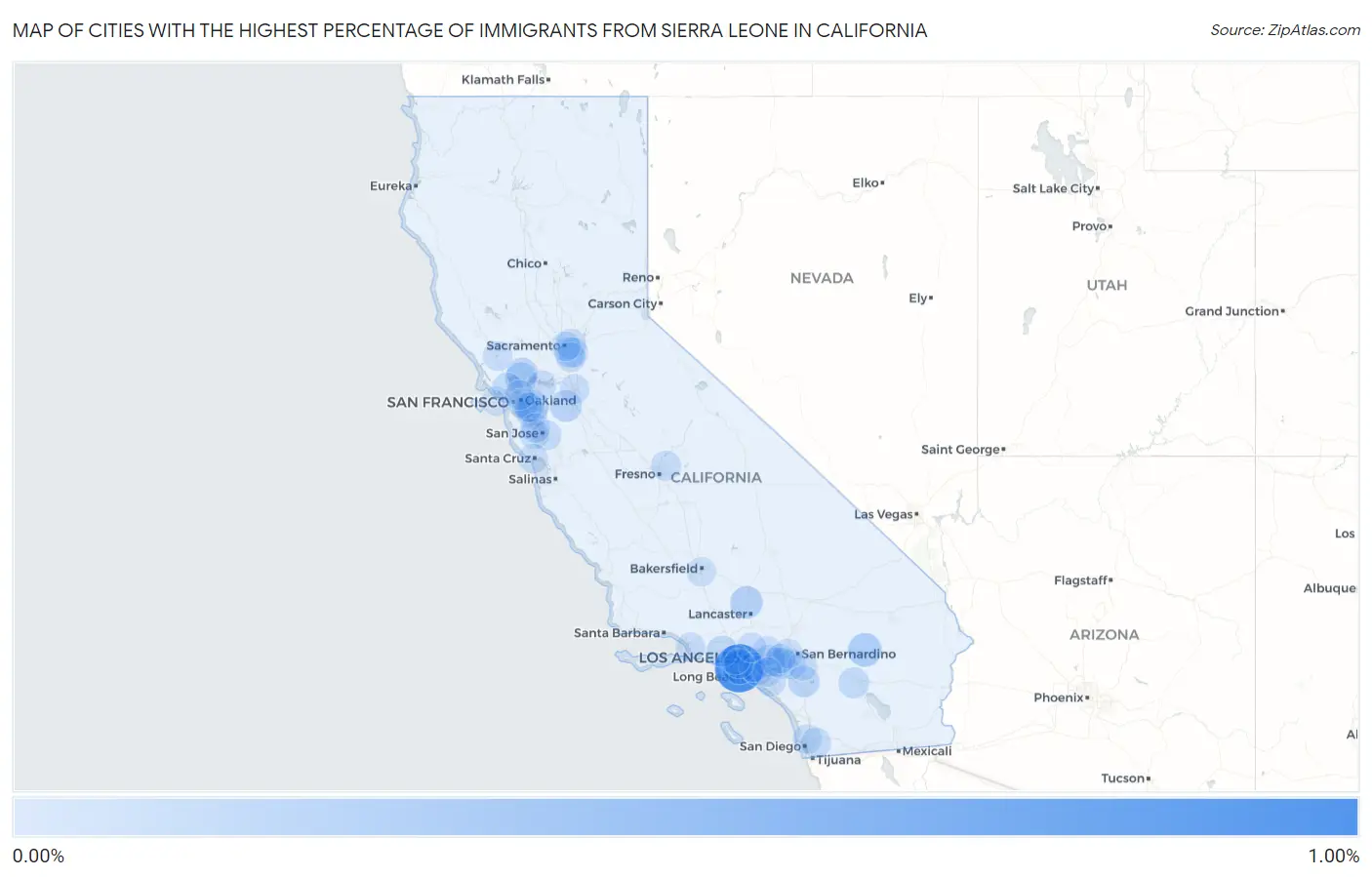 Cities with the Highest Percentage of Immigrants from Sierra Leone in California Map