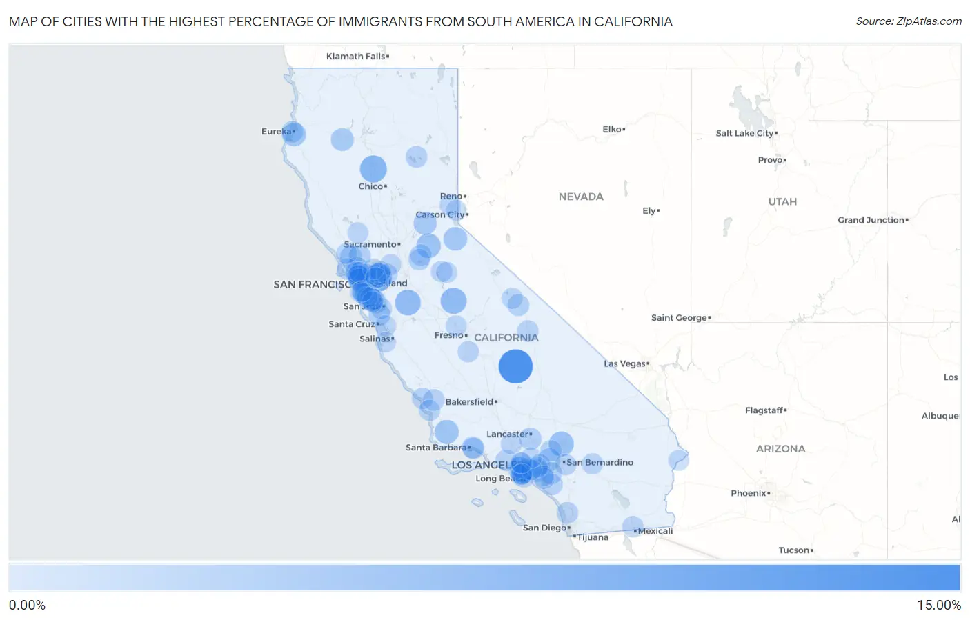 Cities with the Highest Percentage of Immigrants from South America in California Map
