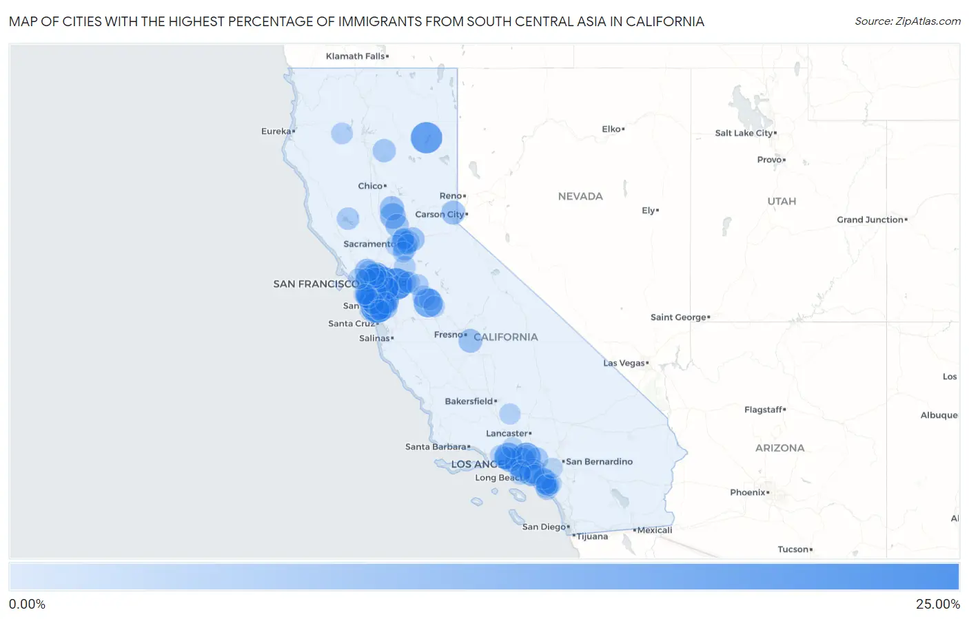 Cities with the Highest Percentage of Immigrants from South Central Asia in California Map