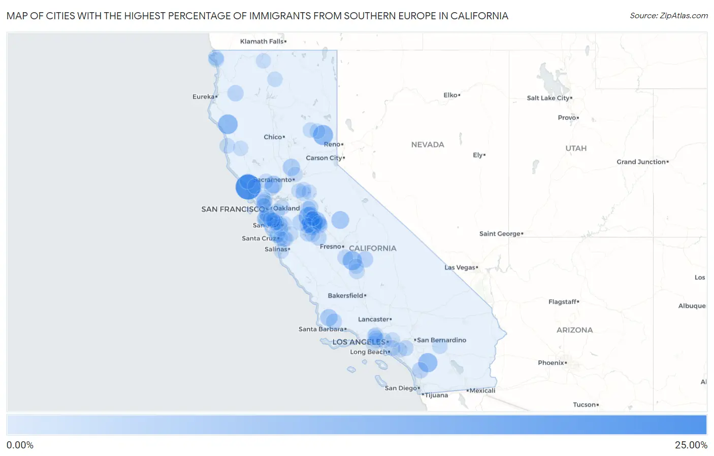 Cities with the Highest Percentage of Immigrants from Southern Europe in California Map