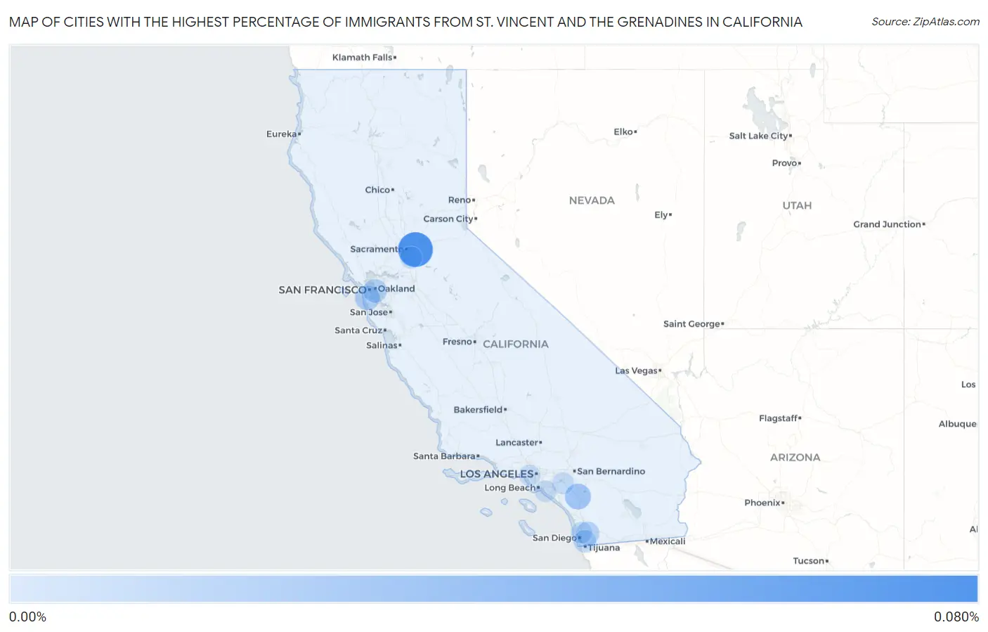 Cities with the Highest Percentage of Immigrants from St. Vincent and the Grenadines in California Map