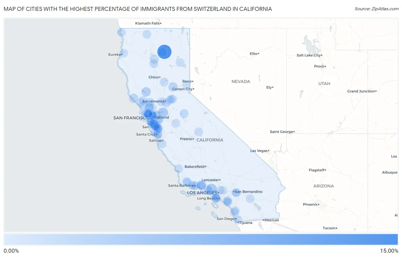 Cities with the Highest Percentage of Immigrants from Switzerland in California Map
