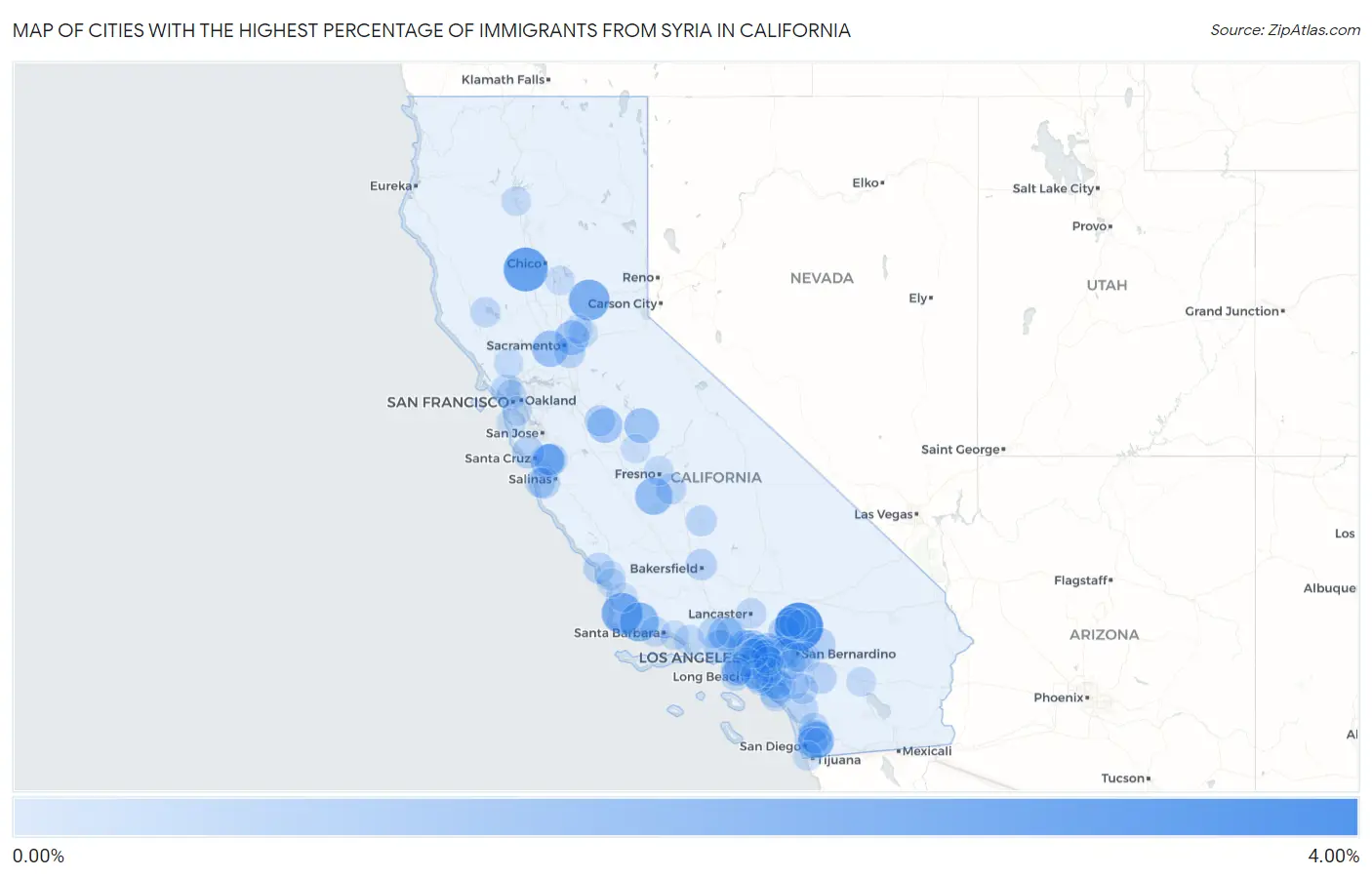 Cities with the Highest Percentage of Immigrants from Syria in California Map