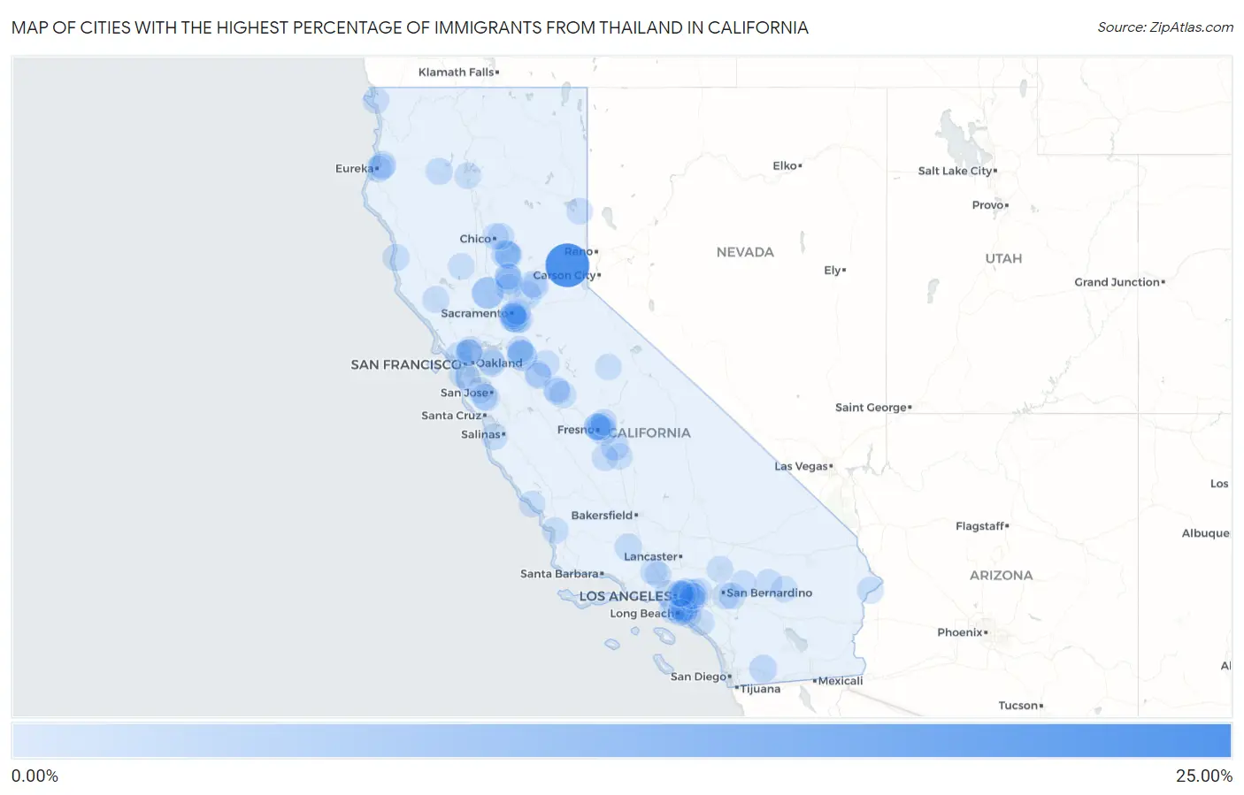 Cities with the Highest Percentage of Immigrants from Thailand in California Map