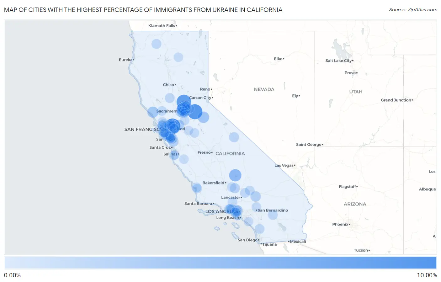 Cities with the Highest Percentage of Immigrants from Ukraine in California Map