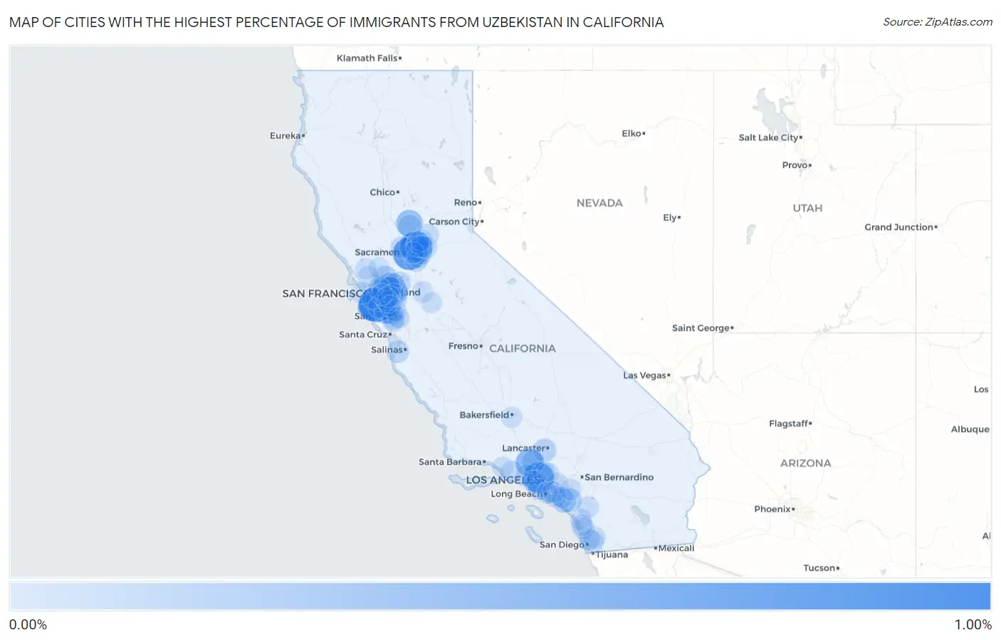 Cities with the Highest Percentage of Immigrants from Uzbekistan in California Map