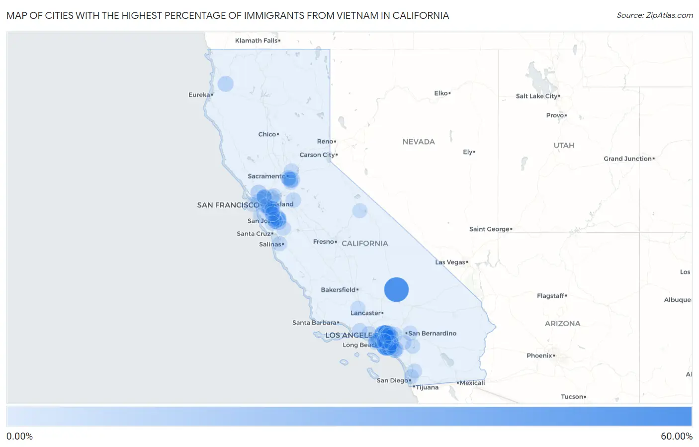 Cities with the Highest Percentage of Immigrants from Vietnam in California Map