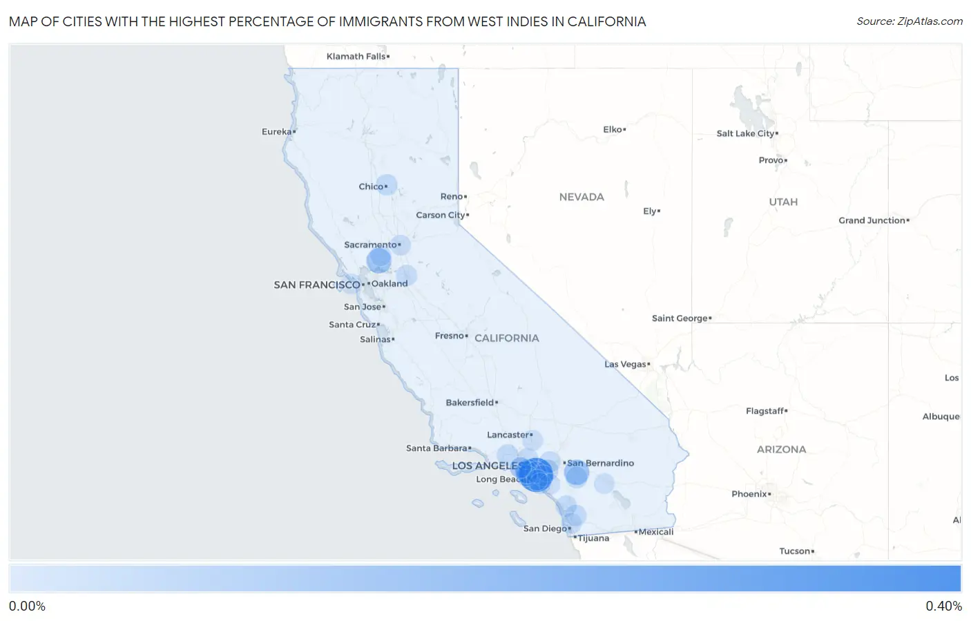 Cities with the Highest Percentage of Immigrants from West Indies in California Map
