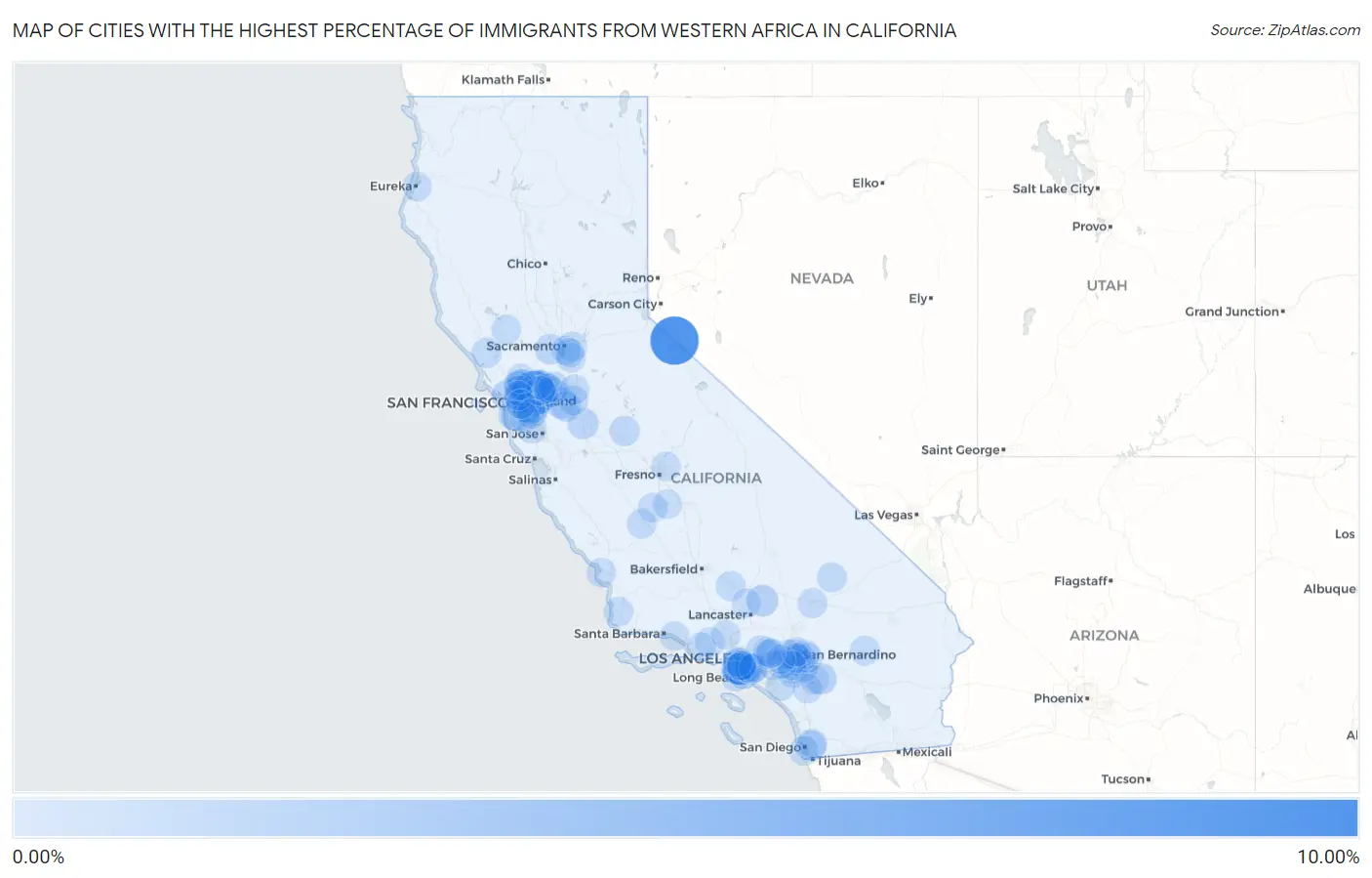 Cities with the Highest Percentage of Immigrants from Western Africa in California Map