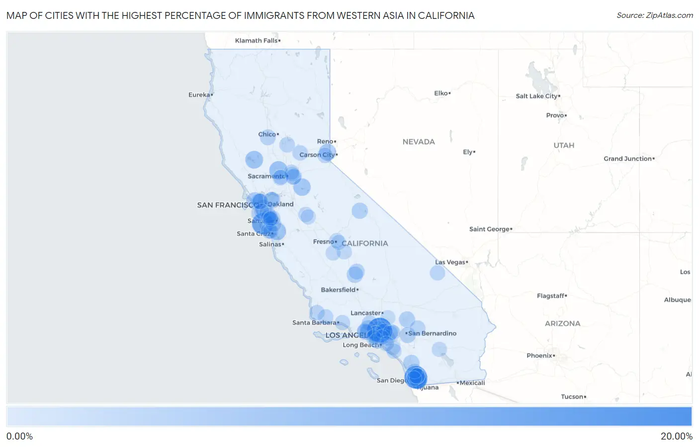 Cities with the Highest Percentage of Immigrants from Western Asia in California Map