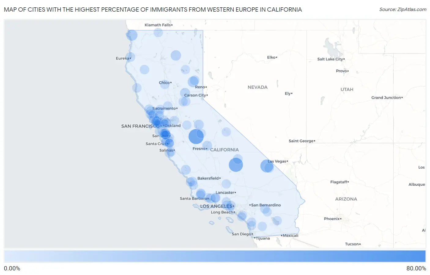 Cities with the Highest Percentage of Immigrants from Western Europe in California Map