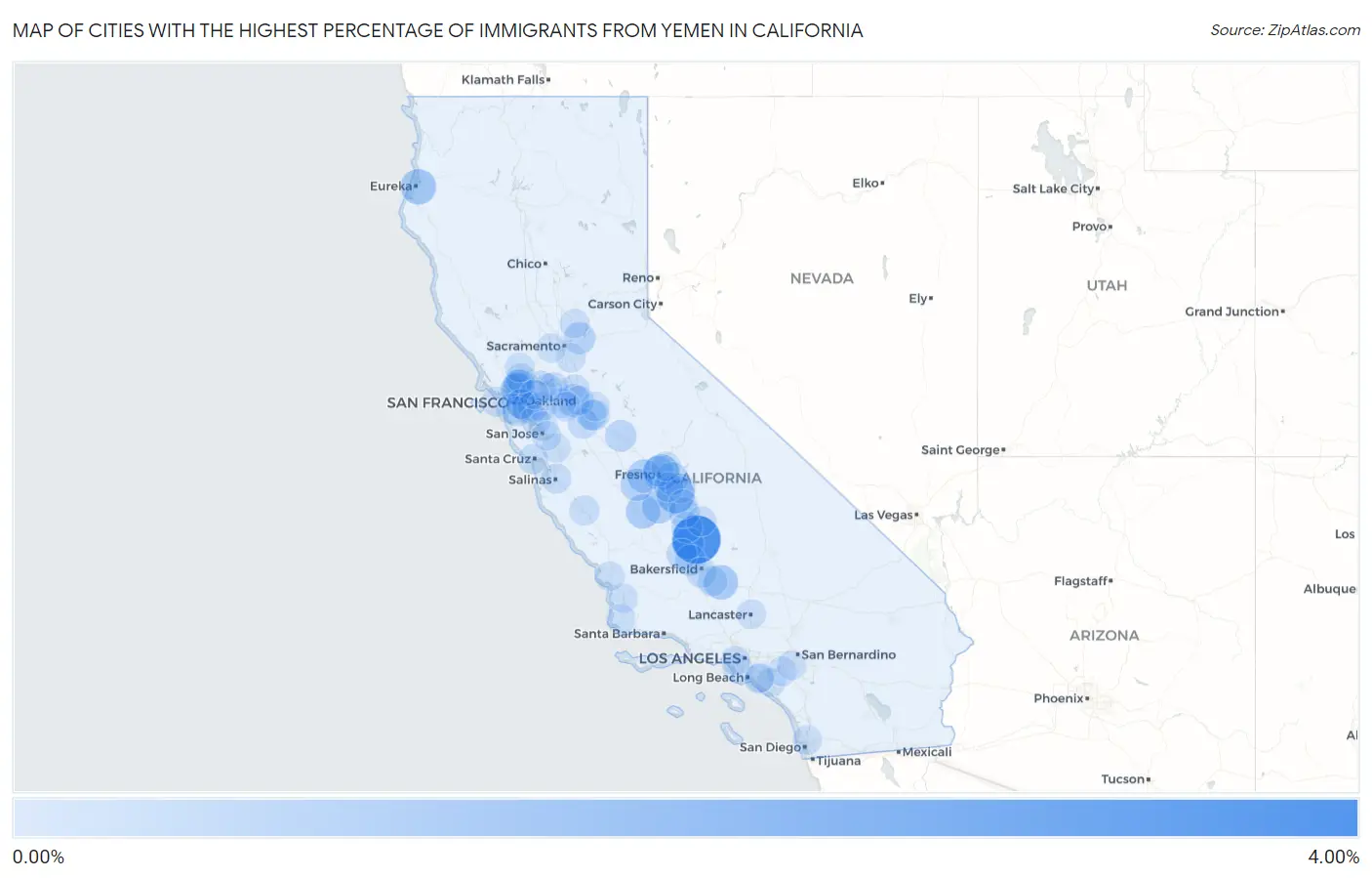 Cities with the Highest Percentage of Immigrants from Yemen in California Map