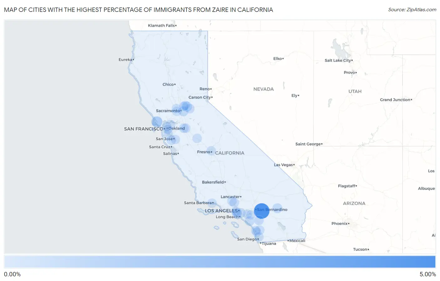 Cities with the Highest Percentage of Immigrants from Zaire in California Map