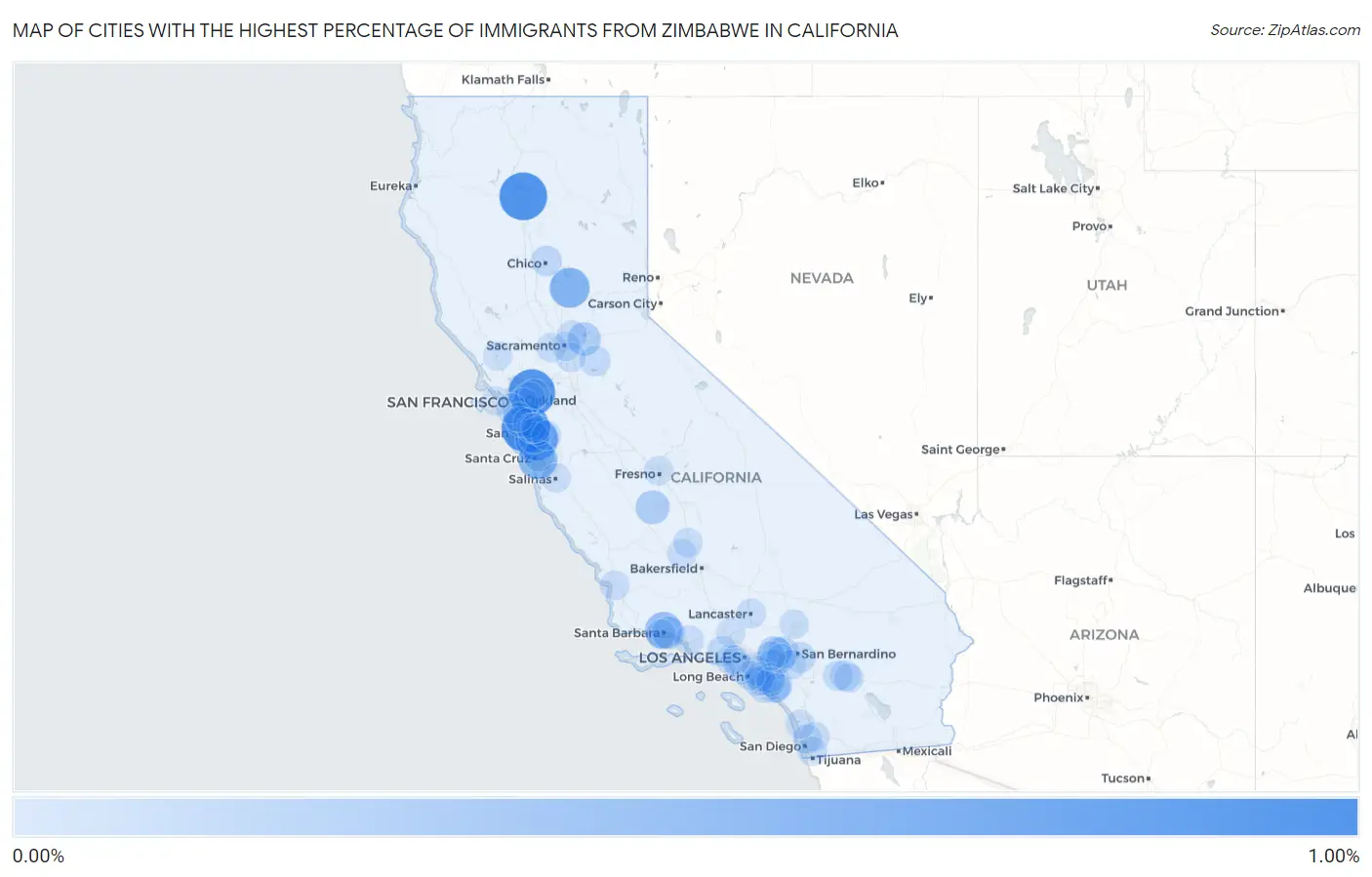 Cities with the Highest Percentage of Immigrants from Zimbabwe in California Map