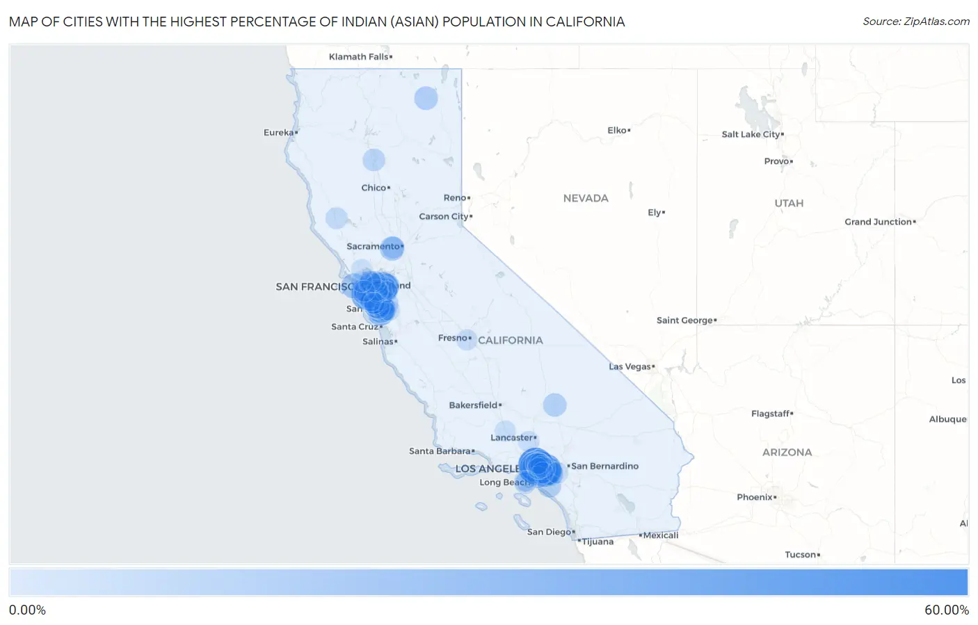 Cities with the Highest Percentage of Indian (Asian) Population in California Map