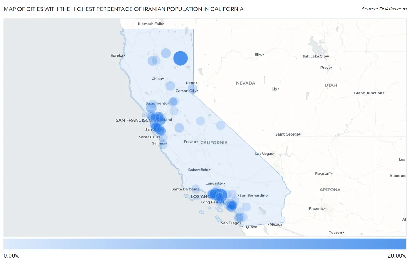 Cities with the Highest Percentage of Iranian Population in California Map