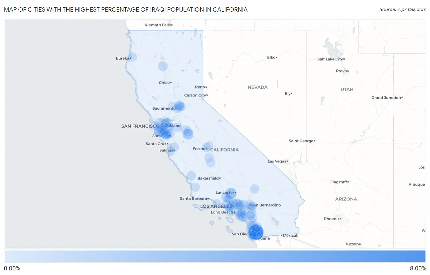 Cities with the Highest Percentage of Iraqi Population in California Map