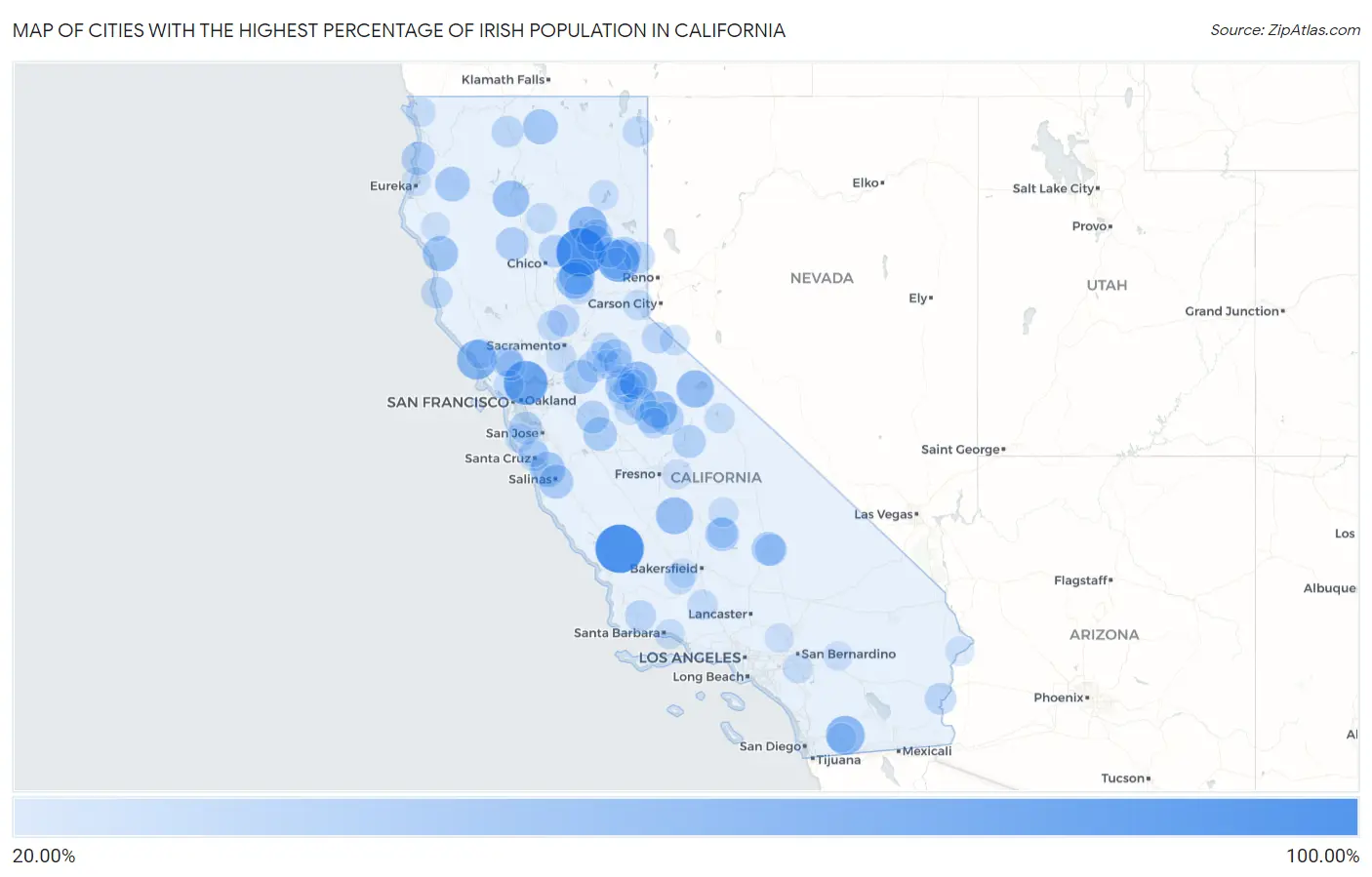 Cities with the Highest Percentage of Irish Population in California Map