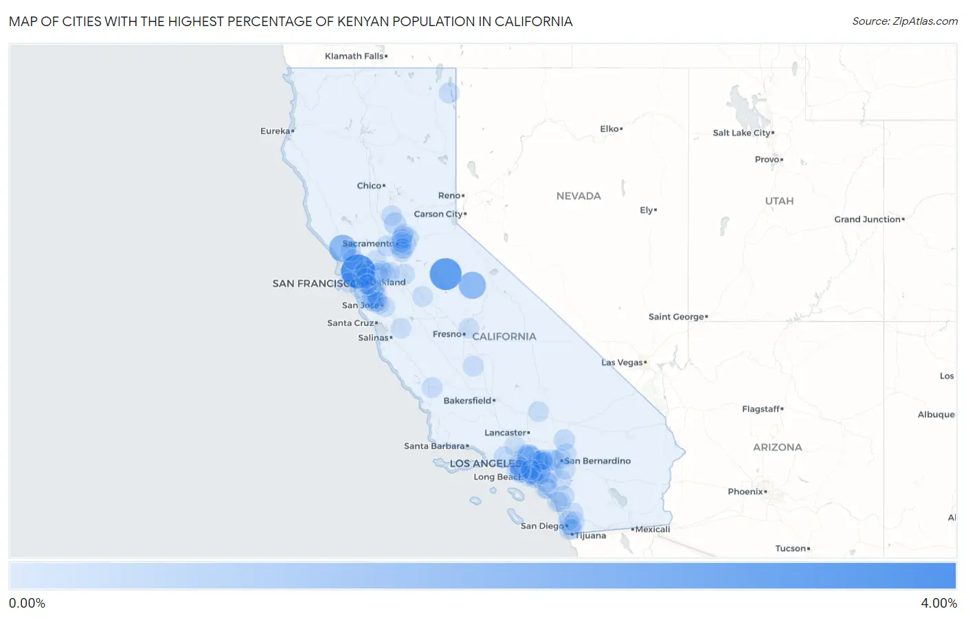Cities with the Highest Percentage of Kenyan Population in California Map