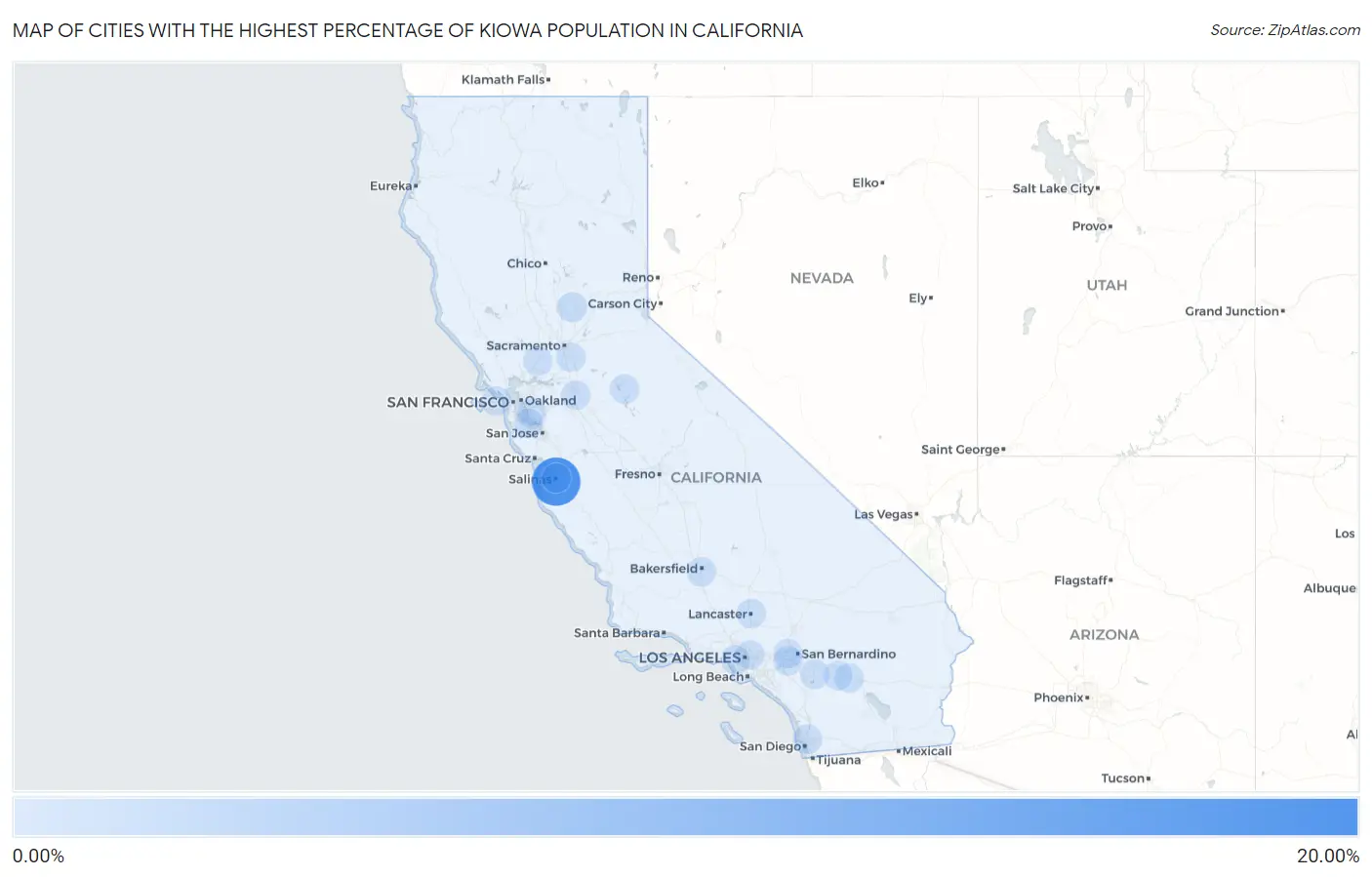 Cities with the Highest Percentage of Kiowa Population in California Map