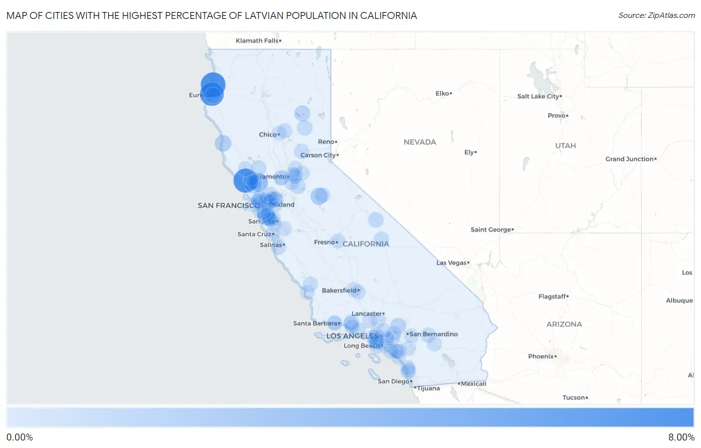 Cities with the Highest Percentage of Latvian Population in California Map