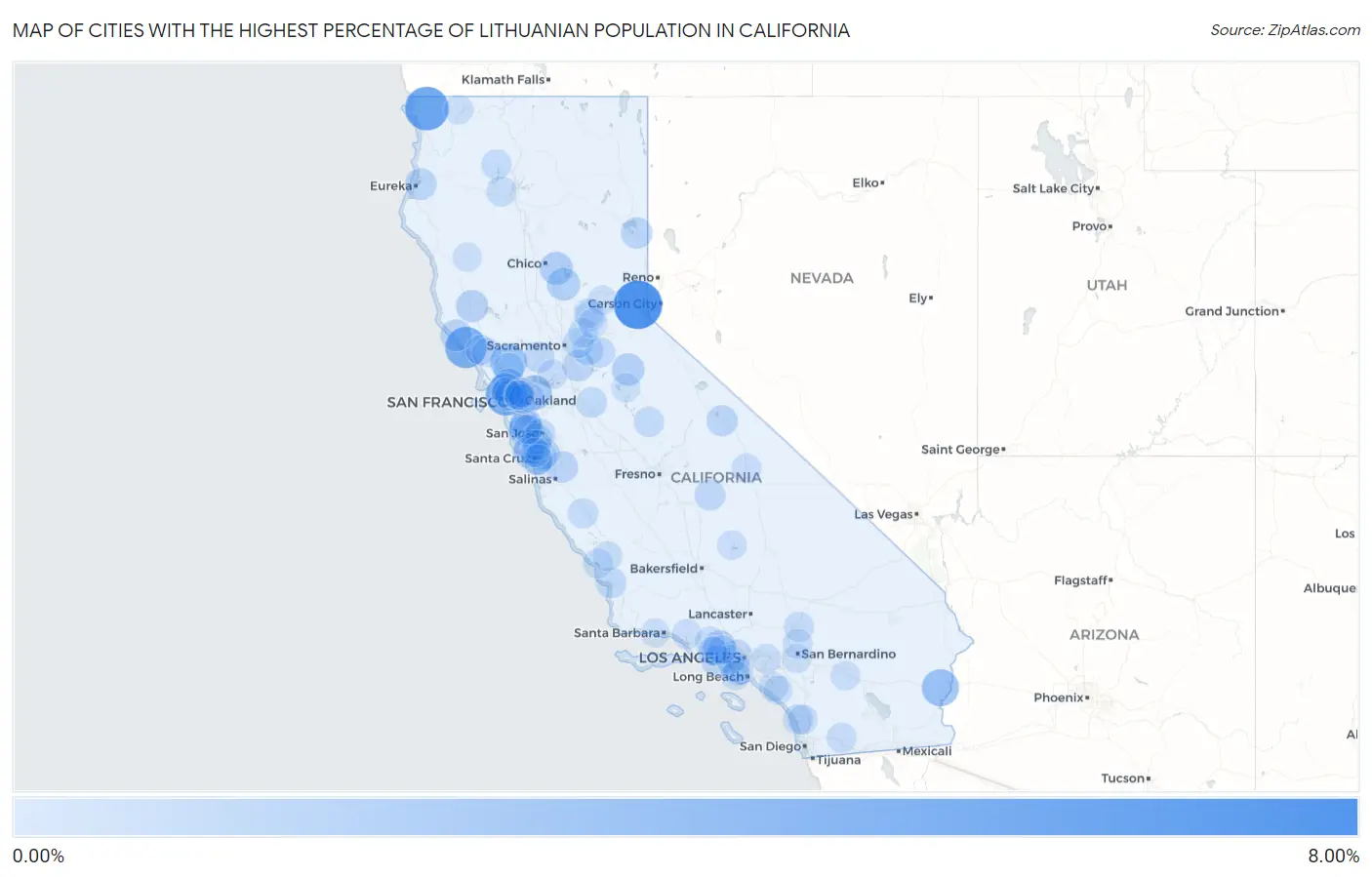 Cities with the Highest Percentage of Lithuanian Population in California Map