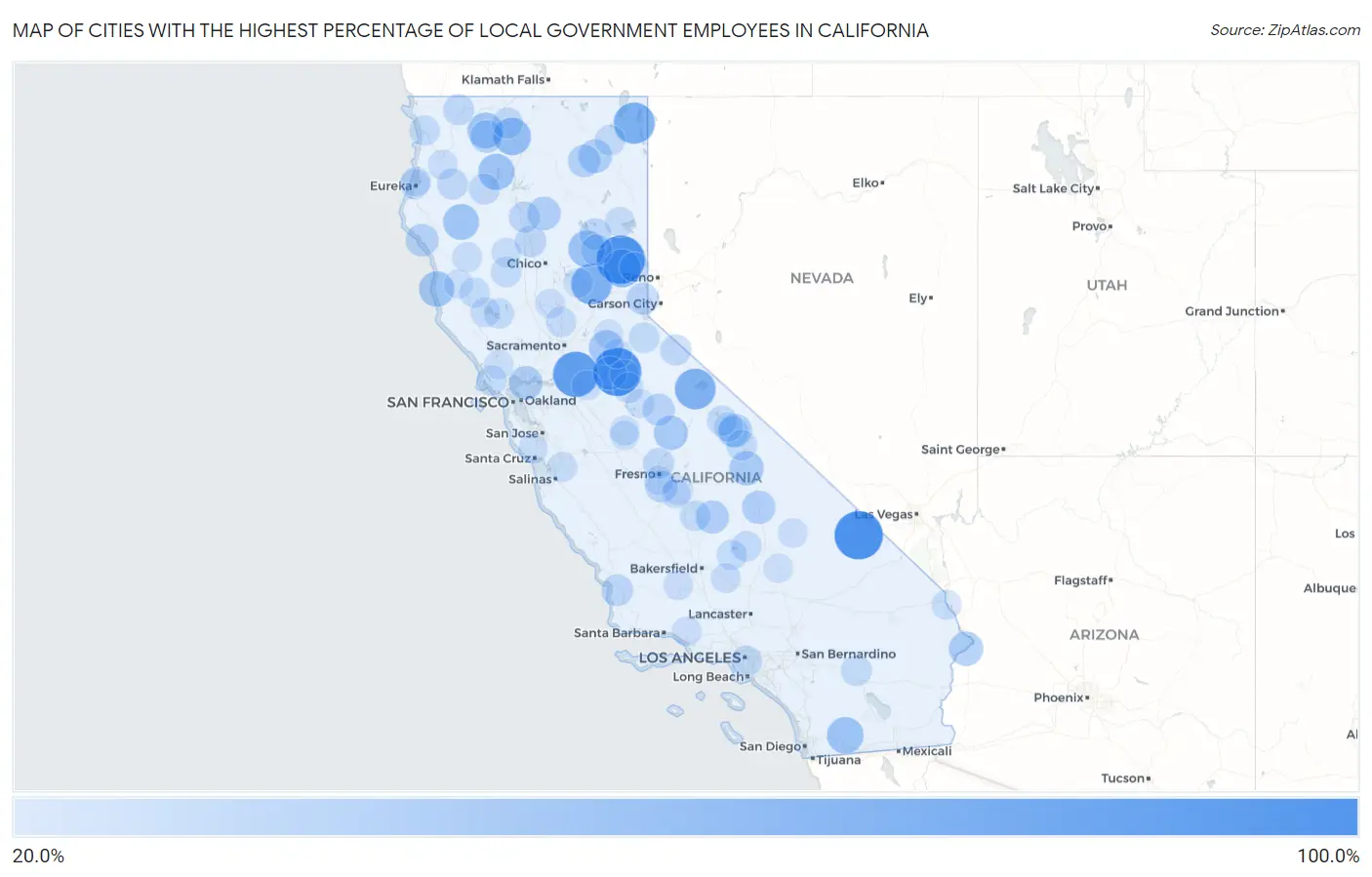Cities with the Highest Percentage of Local Government Employees in California Map
