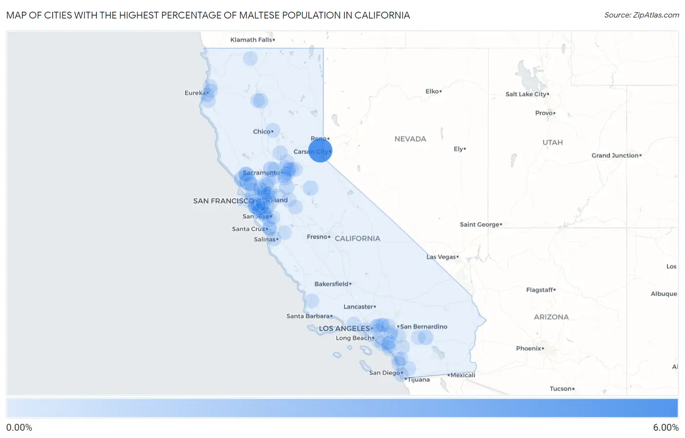 Cities with the Highest Percentage of Maltese Population in California Map