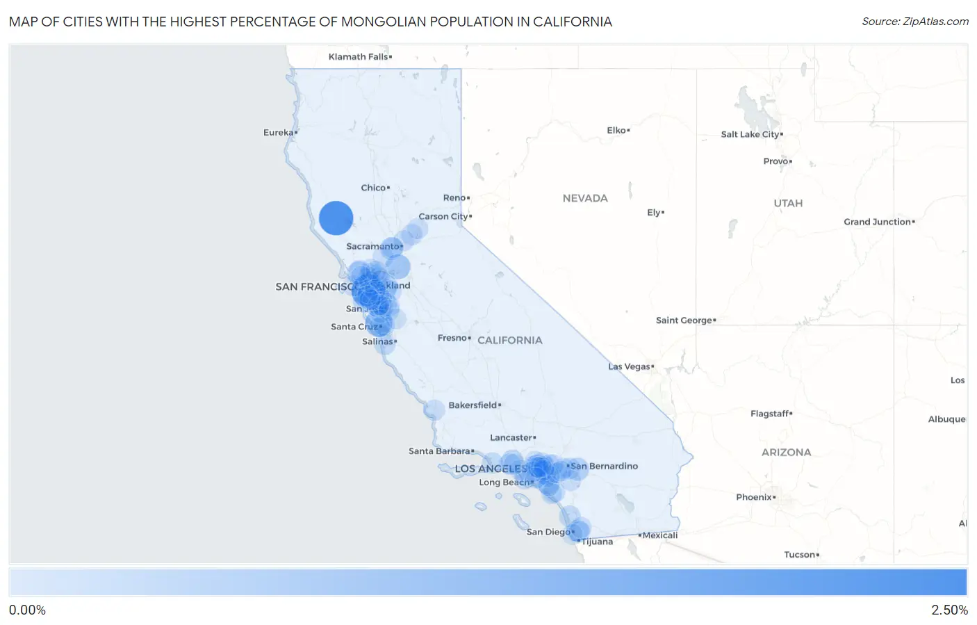 Cities with the Highest Percentage of Mongolian Population in California Map